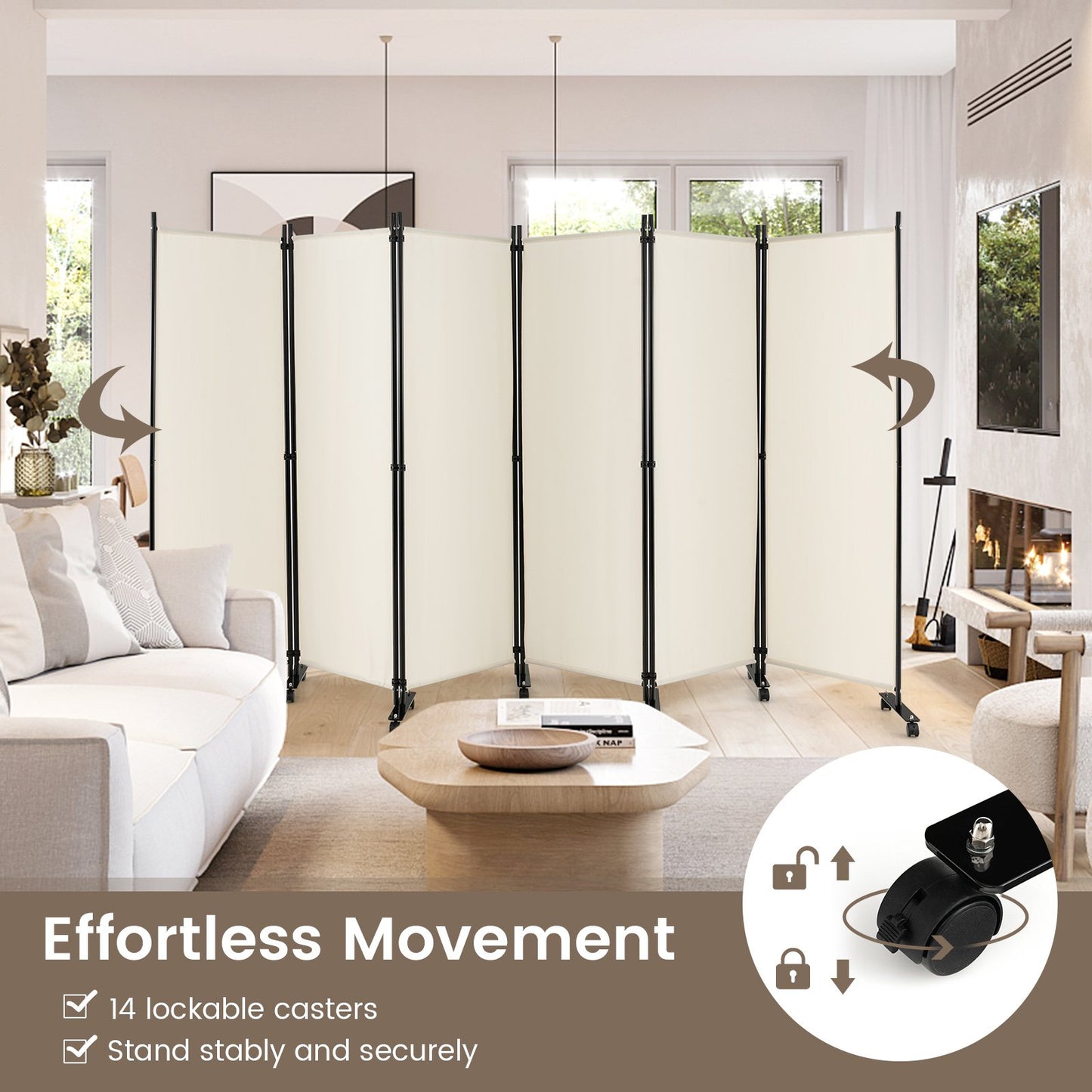 6-Panel 5.7 Ft Freestanding Room Divider with Rolling Lockable Wheels - White
