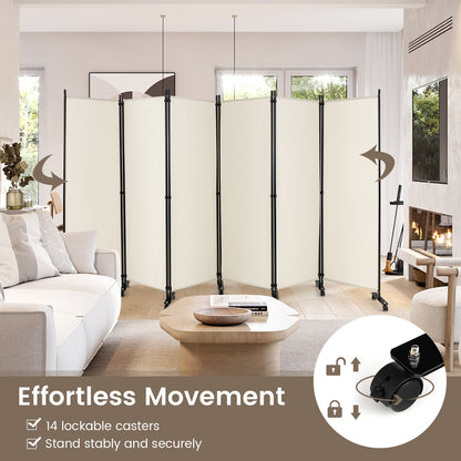 6-Panel 5.7 Ft Freestanding Room Divider with Rolling Lockable Wheels - White