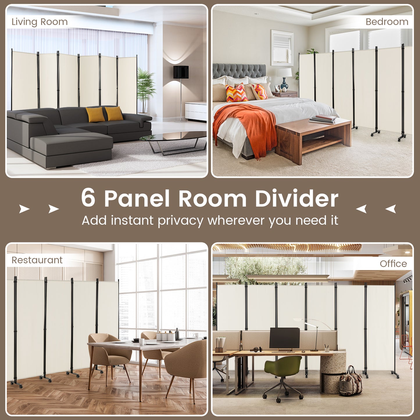 6-Panel 5.7 Ft Freestanding Room Divider with Rolling Lockable Wheels - White