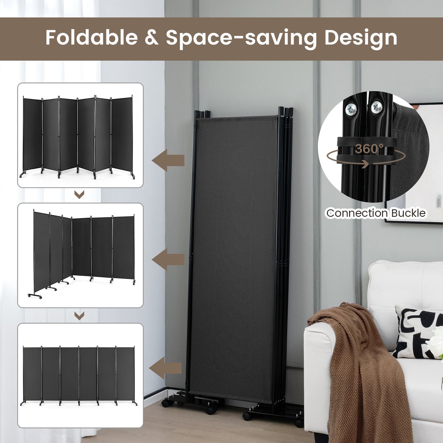 6-Panel 5.7 Ft Freestanding Room Divider with Rolling Lockable Wheels - Grey