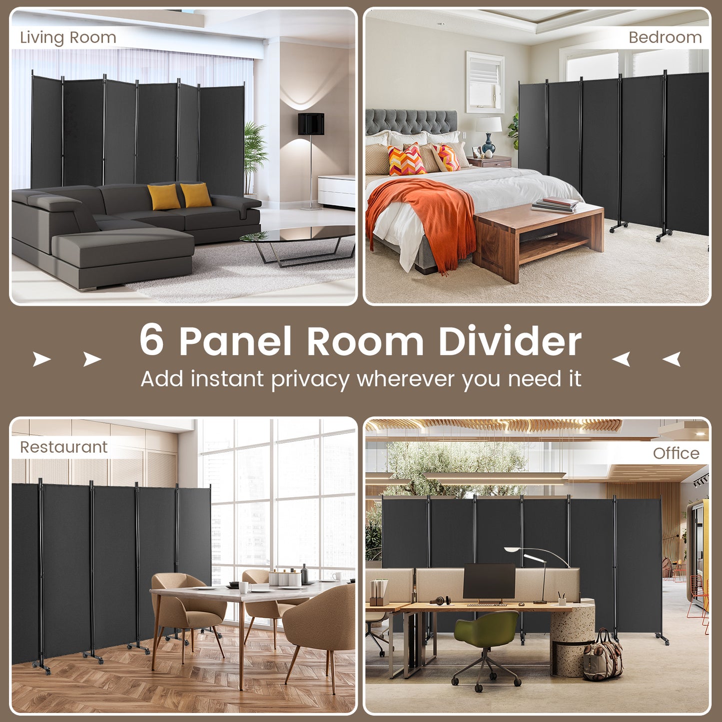 6-Panel 5.7 Ft Freestanding Room Divider with Rolling Lockable Wheels - Grey