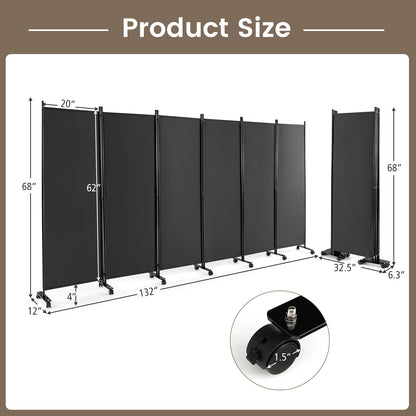 6-Panel 5.7 Ft Freestanding Room Divider with Rolling Lockable Wheels - Grey