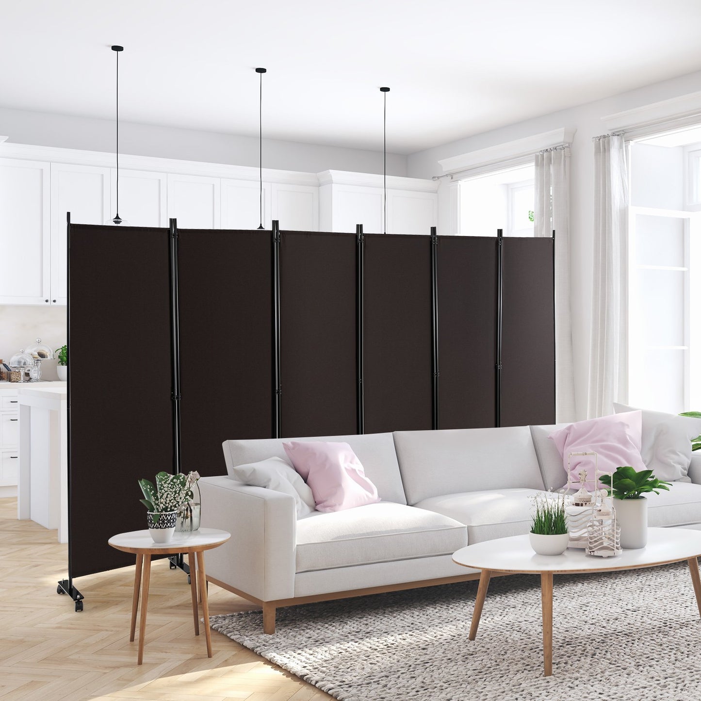 6-Panel 5.7 Ft Freestanding Room Divider with Rolling Lockable Wheels - Brown