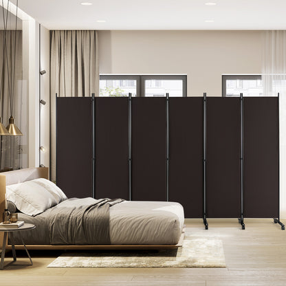 6-Panel 5.7 Ft Freestanding Room Divider with Rolling Lockable Wheels - Brown