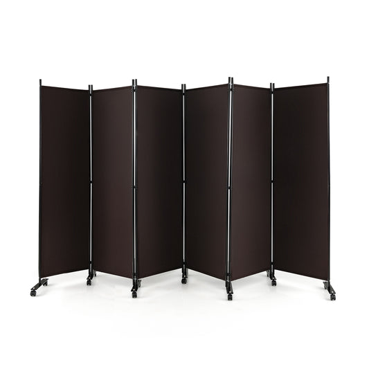 6-Panel 5.7 Ft Freestanding Room Divider with Rolling Lockable Wheels - Brown