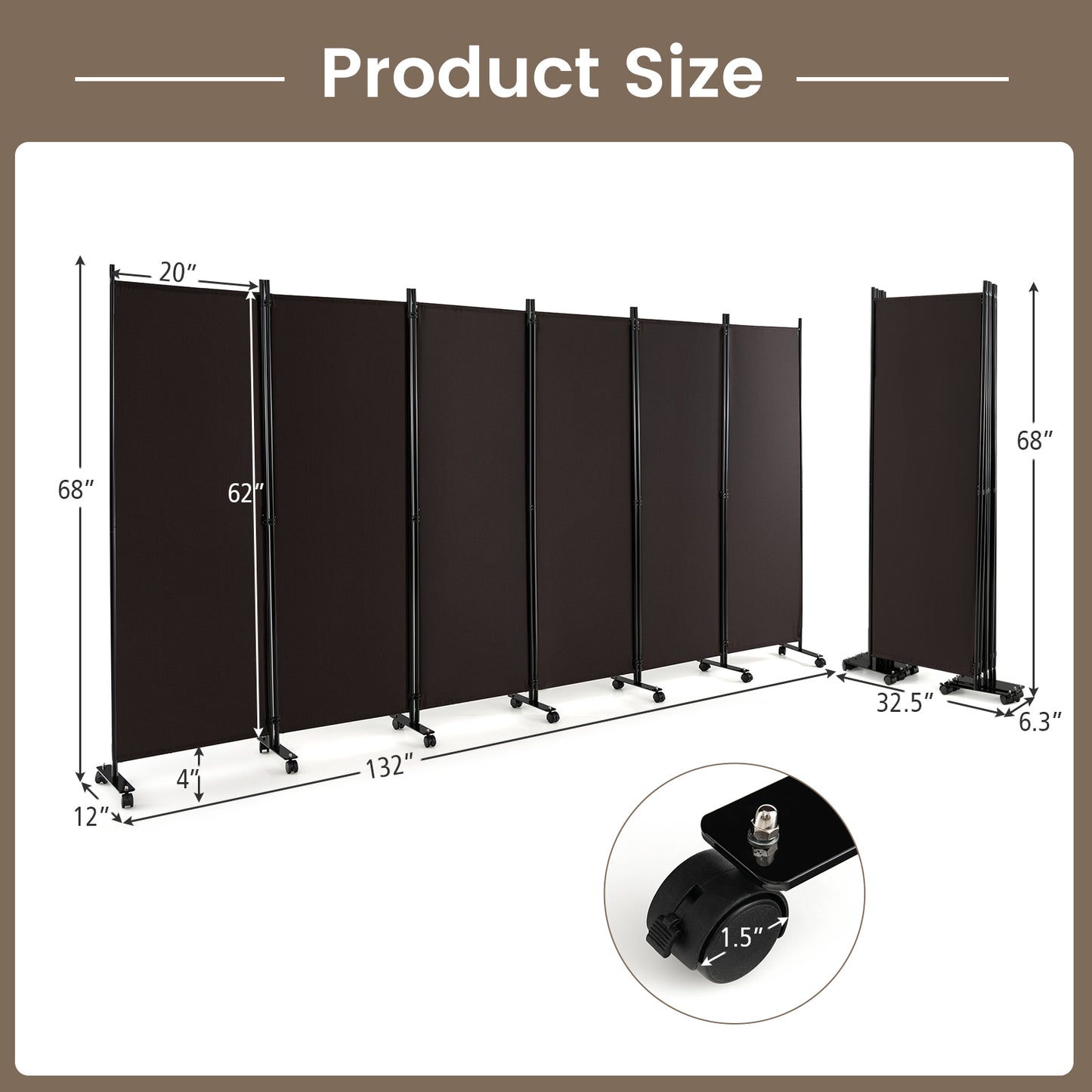 6-Panel 5.7 Ft Freestanding Room Divider with Rolling Lockable Wheels - Brown