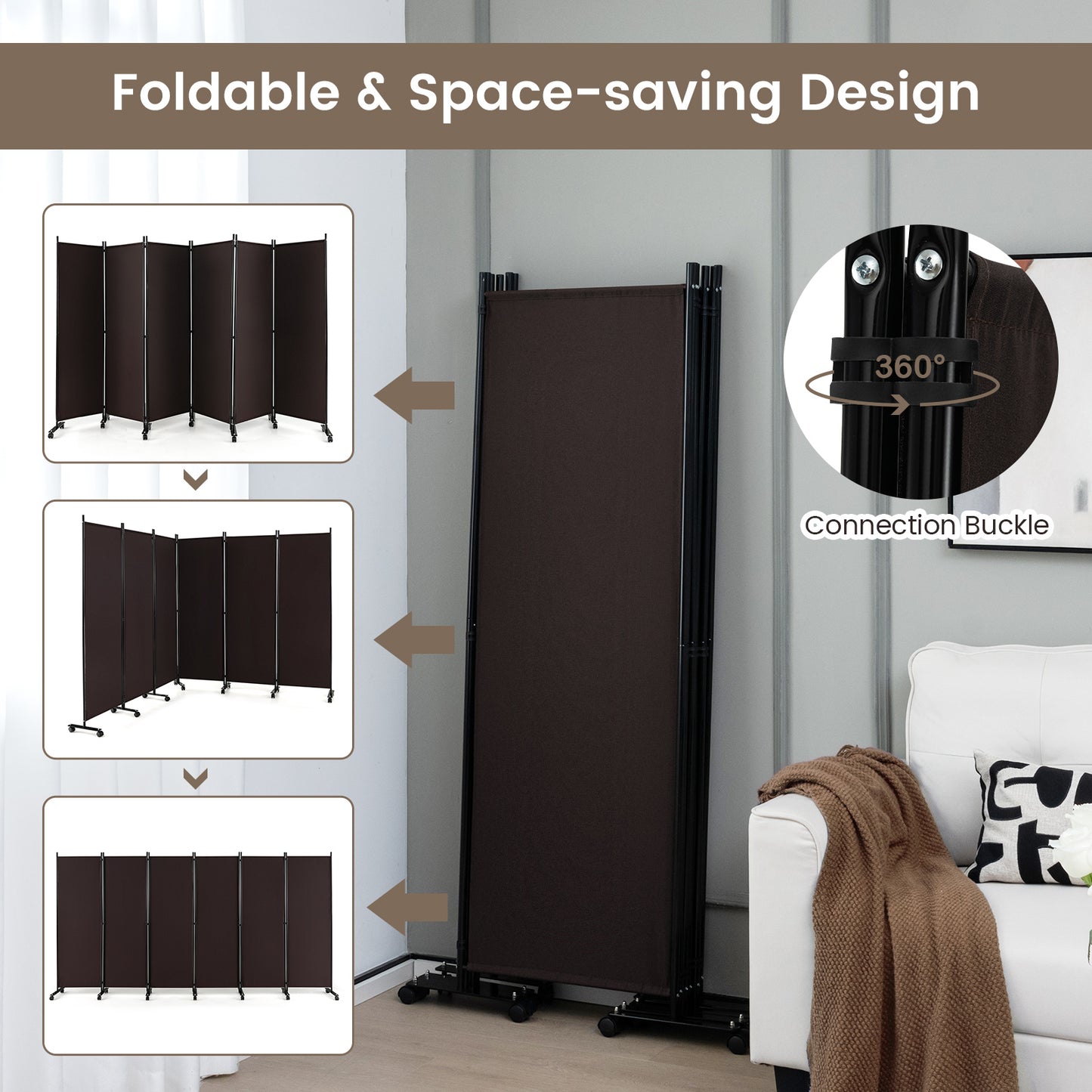 6-Panel 5.7 Ft Freestanding Room Divider with Rolling Lockable Wheels - Brown