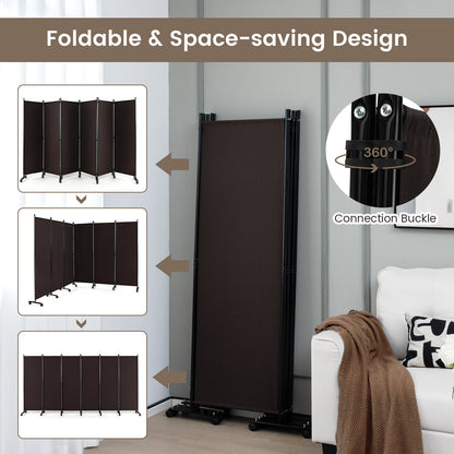 6-Panel 5.7 Ft Freestanding Room Divider with Rolling Lockable Wheels - Brown