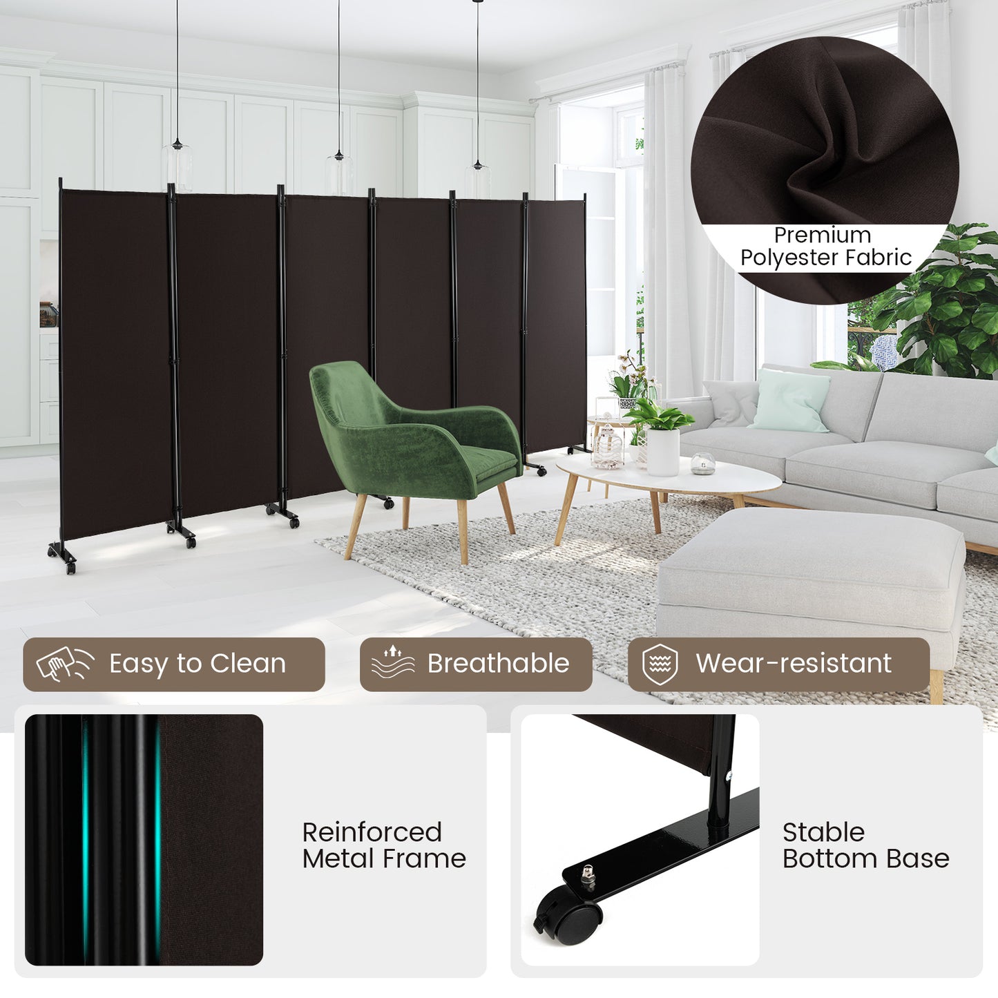 6-Panel 5.7 Ft Freestanding Room Divider with Rolling Lockable Wheels - Brown