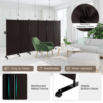 6-Panel 5.7 Ft Freestanding Room Divider with Rolling Lockable Wheels - Brown