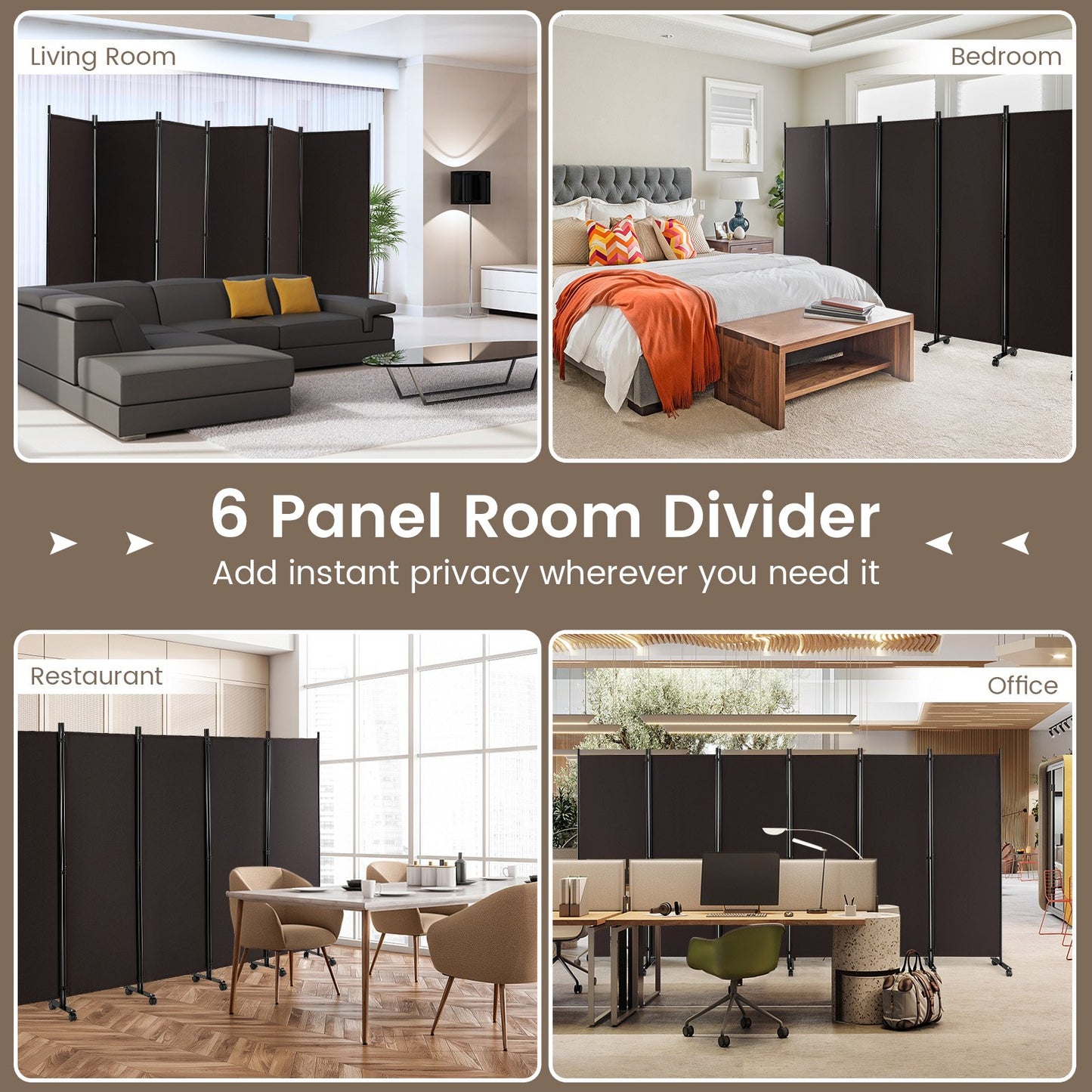 6-Panel 5.7 Ft Freestanding Room Divider with Rolling Lockable Wheels - Brown