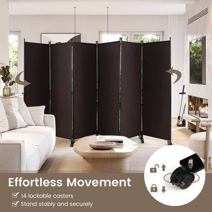6-Panel 5.7 Ft Freestanding Room Divider with Rolling Lockable Wheels - Brown