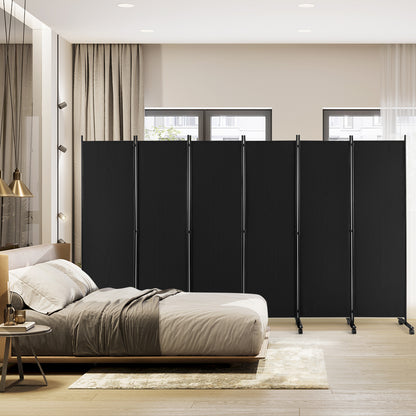 6-Panel 5.7 Ft Freestanding Room Divider with Rolling Lockable Wheels - Black