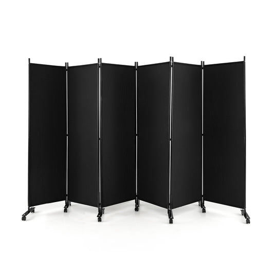 6-Panel 5.7 Ft Freestanding Room Divider with Rolling Lockable Wheels - Black
