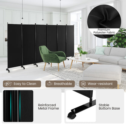 6-Panel 5.7 Ft Freestanding Room Divider with Rolling Lockable Wheels - Black