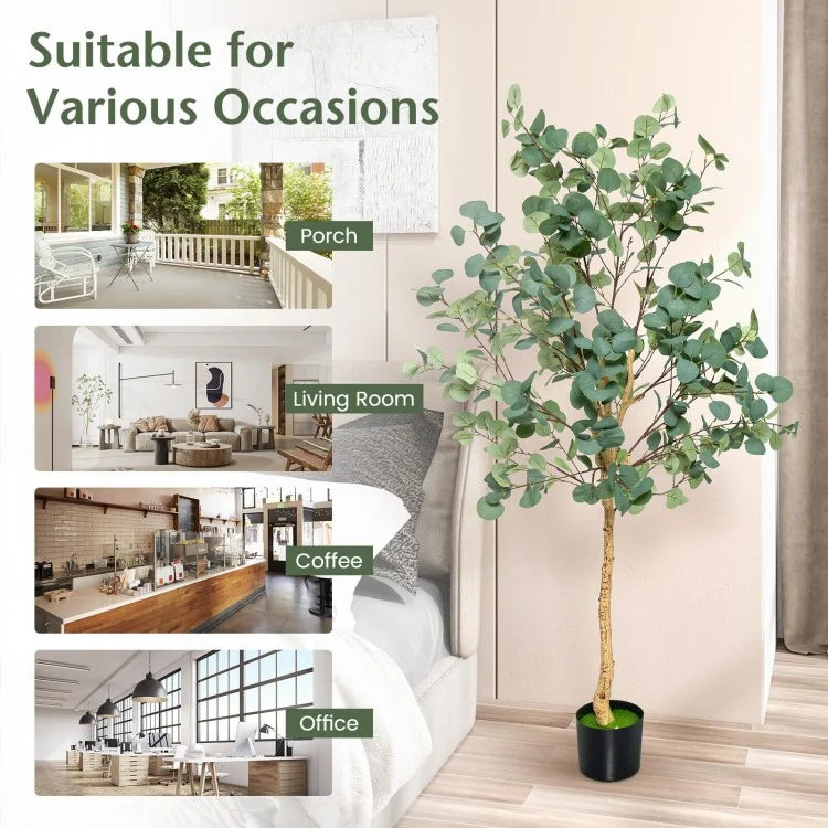 5.5ft Lifelike Artificial Eucalyptus Tree with 517 Silver Dollar Leaves for Home & Office Decor