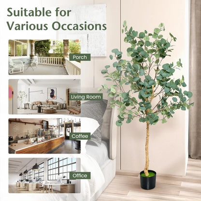5.5ft Lifelike Artificial Eucalyptus Tree with 517 Silver Dollar Leaves for Home & Office Decor