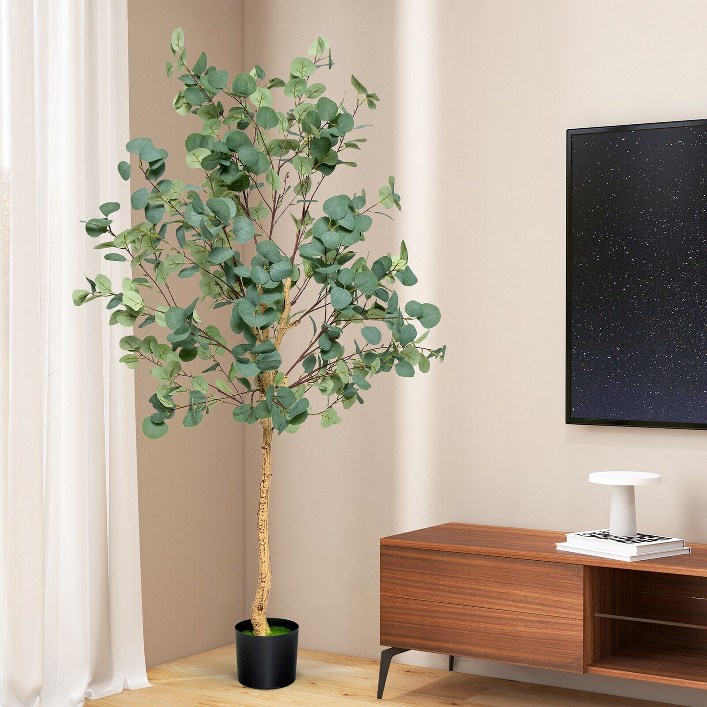 5.5ft Lifelike Artificial Eucalyptus Tree with 517 Silver Dollar Leaves for Home & Office Decor