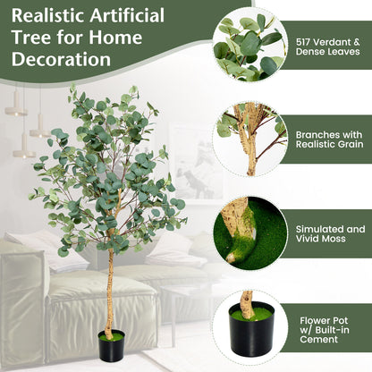 5.5ft Lifelike Artificial Eucalyptus Tree with 517 Silver Dollar Leaves for Home & Office Decor
