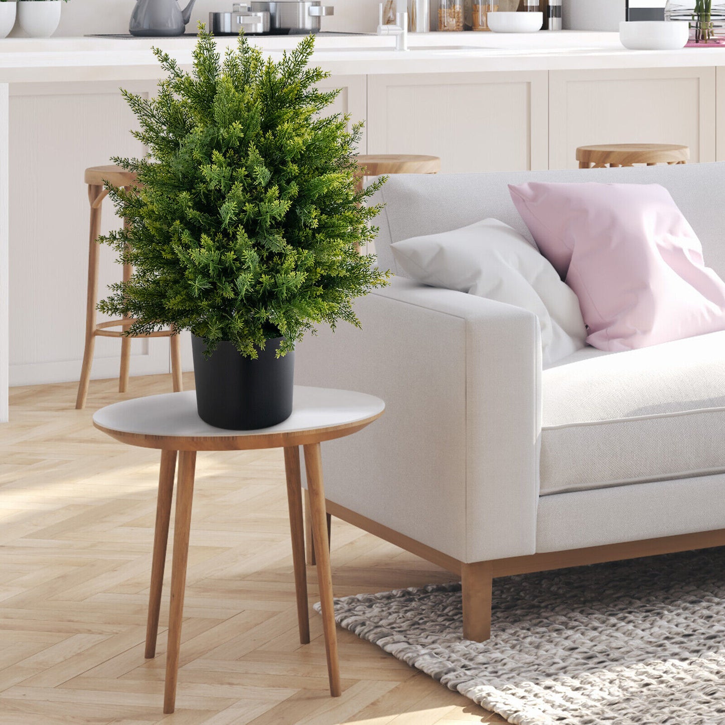 Set of 2 Artificial Cedar Topiary Trees in Cement Pots – Lifelike Home & Office Décor