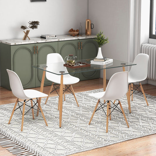 5 Piece Modern Glass Dining Table Set with 51 Inch Rectangular Table and White Chairs