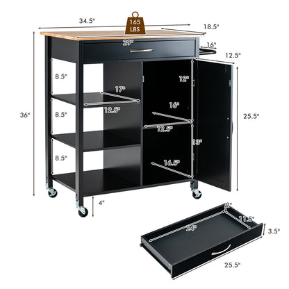 Rolling Kitchen Island Cart with Storage Drawers Shelves and Wood Countertop - Black