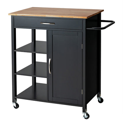 Rolling Kitchen Island Cart with Storage Drawers Shelves and Wood Countertop - Black