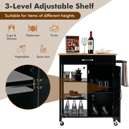 Rolling Kitchen Island Cart with Storage Drawers Shelves and Wood Countertop - Black