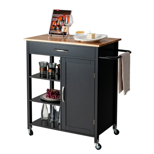 Rolling Kitchen Island Cart with Storage Drawers Shelves and Wood Countertop - Black