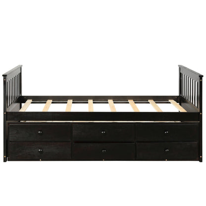 Wood Twin Captain’s Bed with Trundle and Three Storage Drawers for Kids or Guest Room Dark Brown
