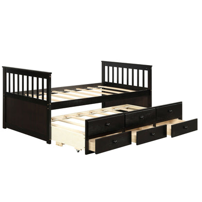 Wood Twin Captain’s Bed with Trundle and Three Storage Drawers for Kids or Guest Room Dark Brown