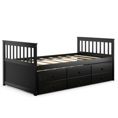 Wood Twin Captain’s Bed with Trundle and Three Storage Drawers for Kids or Guest Room Dark Brown