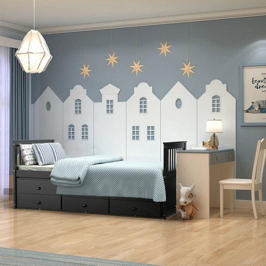 Wood Twin Captain’s Bed with Trundle and Three Storage Drawers for Kids or Guest Room Dark Brown