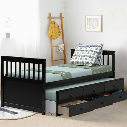 Wood Twin Captain’s Bed with Trundle and Three Storage Drawers for Kids or Guest Room Dark Brown