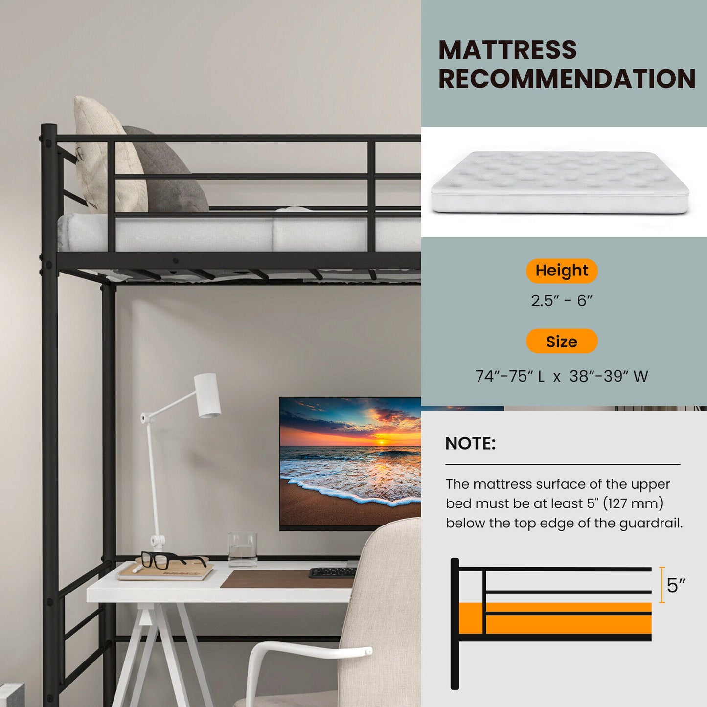 Sturdy Metal Twin Loft Bed Frame with Raised Space for Storage