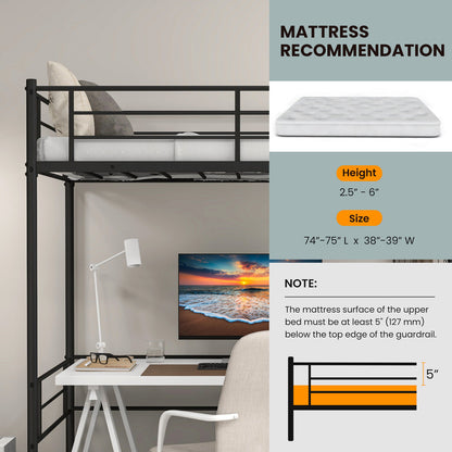 Sturdy Metal Twin Loft Bed Frame with Raised Space for Storage