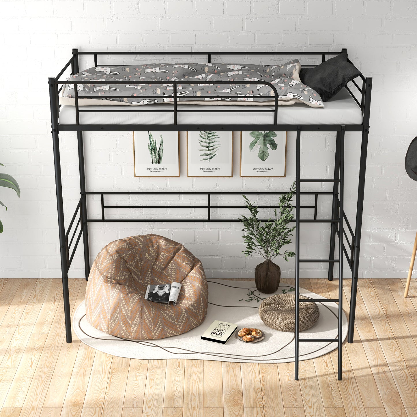 Sturdy Metal Twin Loft Bed Frame with Raised Space for Storage