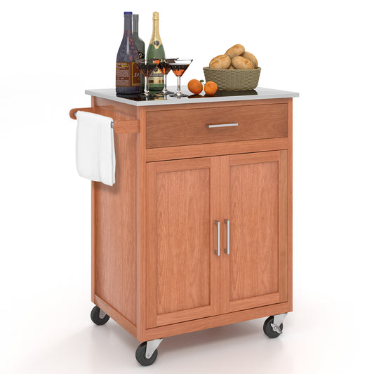 Rolling Kitchen Island Cart with Stainless Steel Top and Ample Cabinet Storage