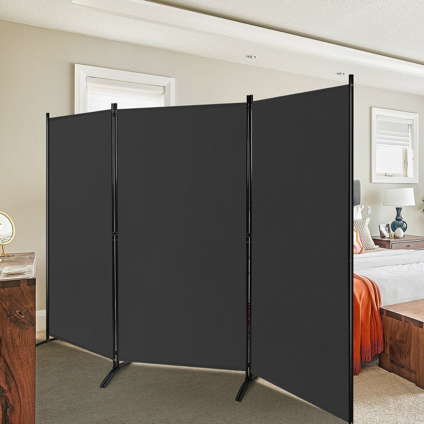 6 Foot 3 Panel Black Room Divider with Durable Hinges and Steel Base