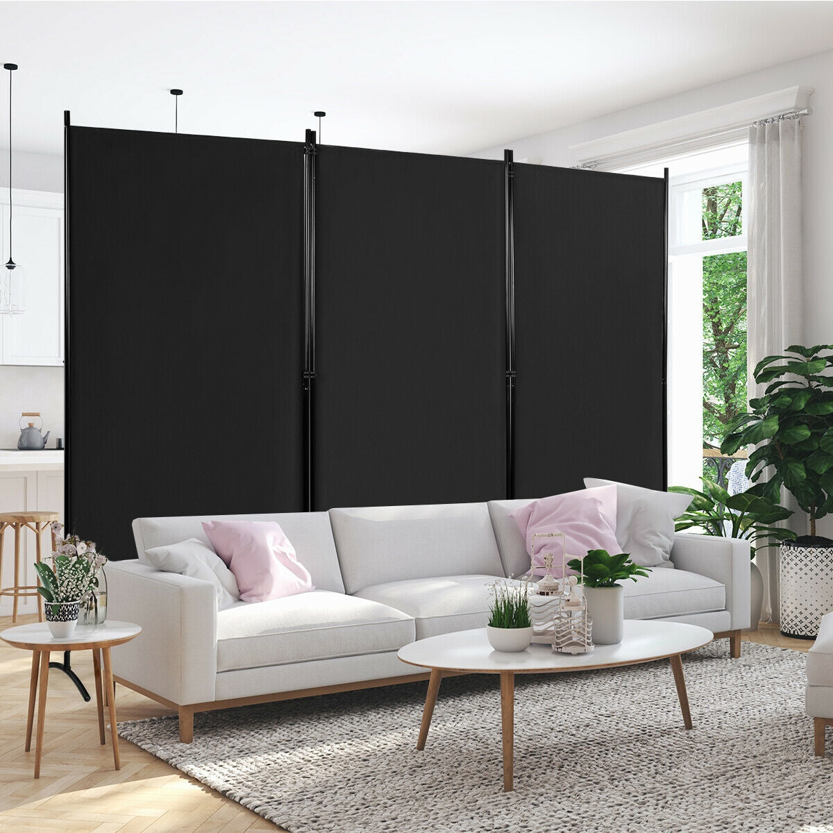6 Foot 3 Panel Black Room Divider with Durable Hinges and Steel Base