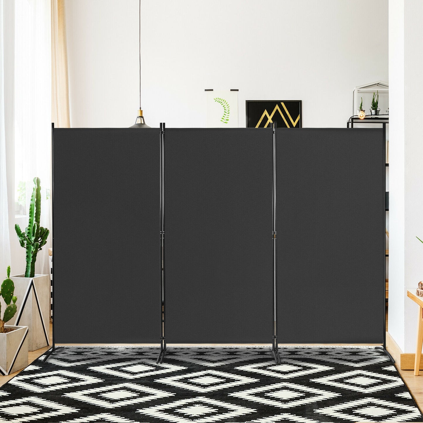 6 Foot 3 Panel Black Room Divider with Durable Hinges and Steel Base