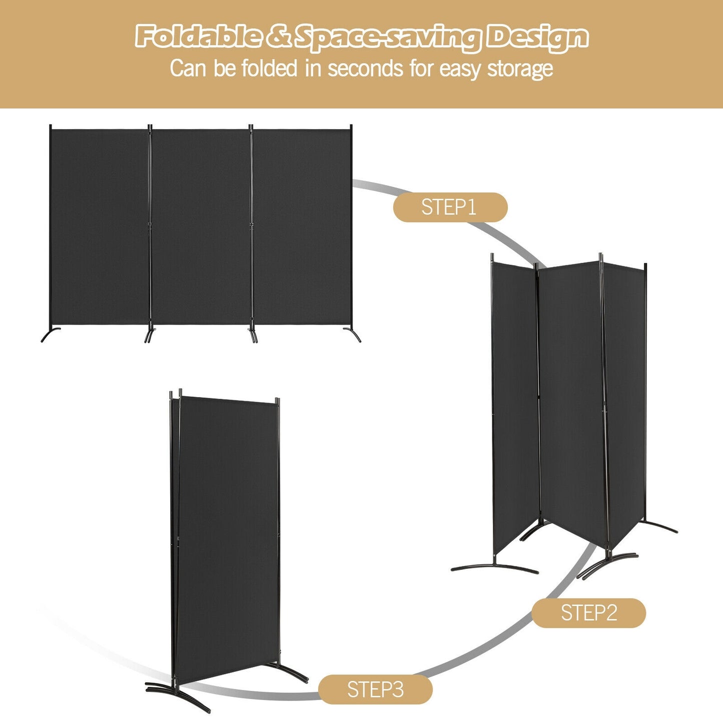 6 Foot 3 Panel Black Room Divider with Durable Hinges and Steel Base