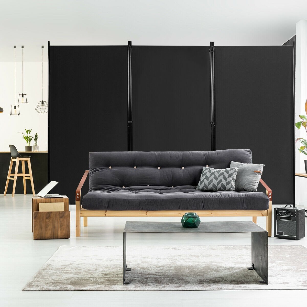 6 Foot 3 Panel Black Room Divider with Durable Hinges and Steel Base