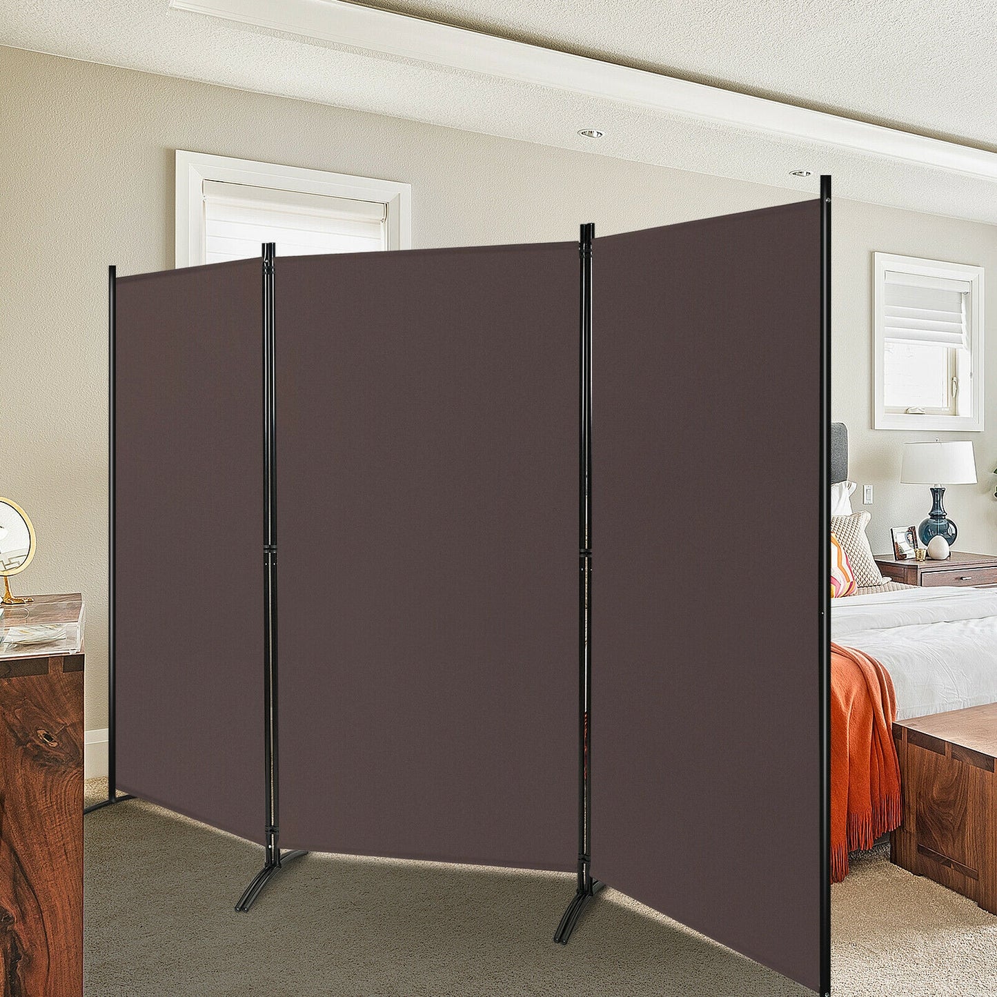 6 Foot 3 Panel Brown Room Divider with Durable Hinges and Steel Base