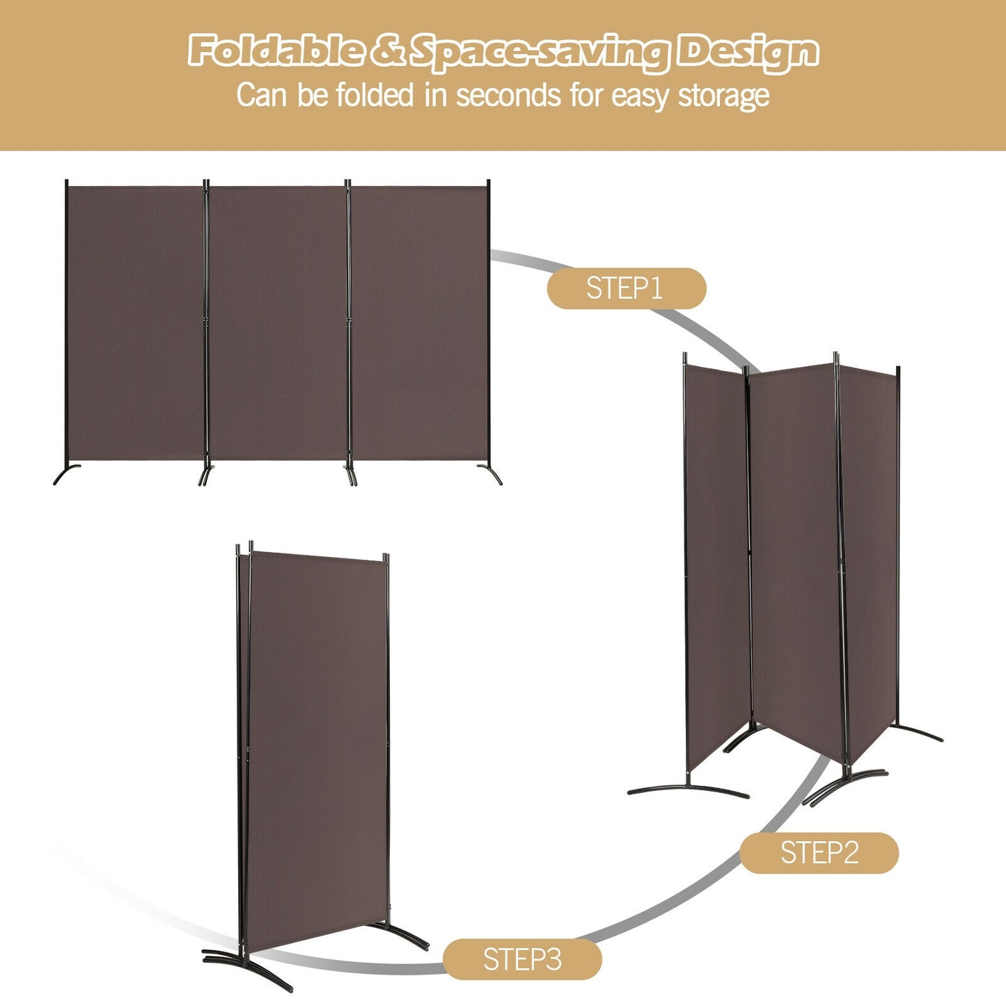 6 Foot 3 Panel Brown Room Divider with Durable Hinges and Steel Base