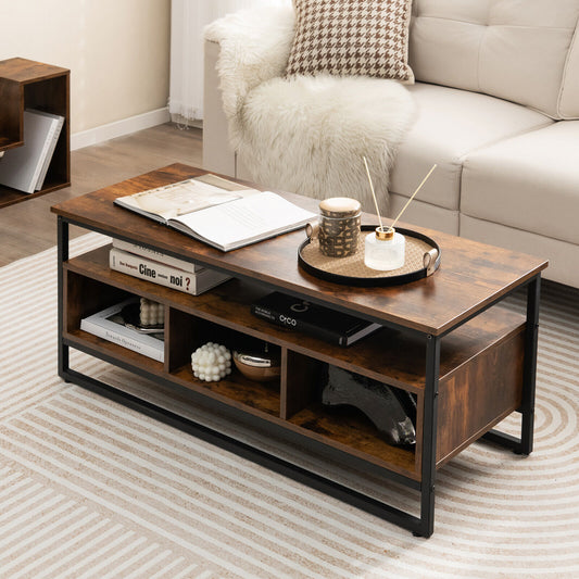Rustic Industrial Coffee Table with Open Shelf and Three Storage Compartments
