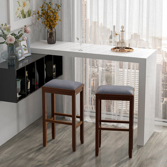 2 Piece Bar Stool Set with Comfortable Upholstery, Footrest, and Wooden Frame, 31 Inch - Brown