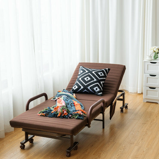 Portable Folding Adjustable Guest Bed with Lounge Function and Wheels - Brown