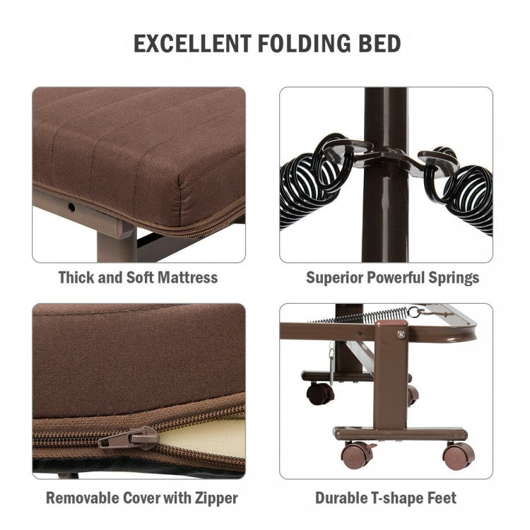 Portable Folding Adjustable Guest Bed with Lounge Function and Wheels - Brown
