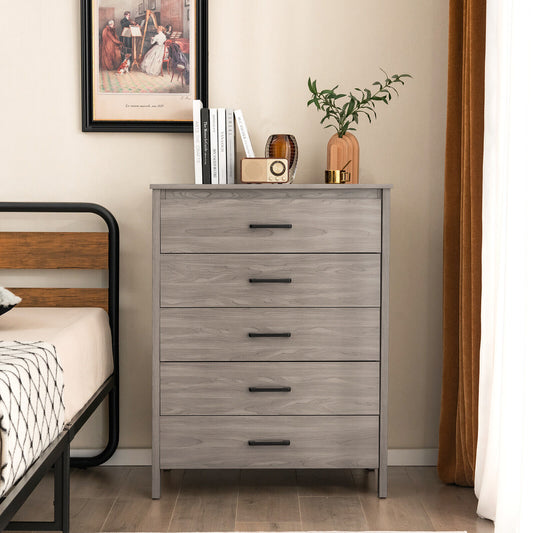 Modern 5 Drawer Dresser with Metal Handles, Storage Chest for Bedroom or Entryway – Grey Oak